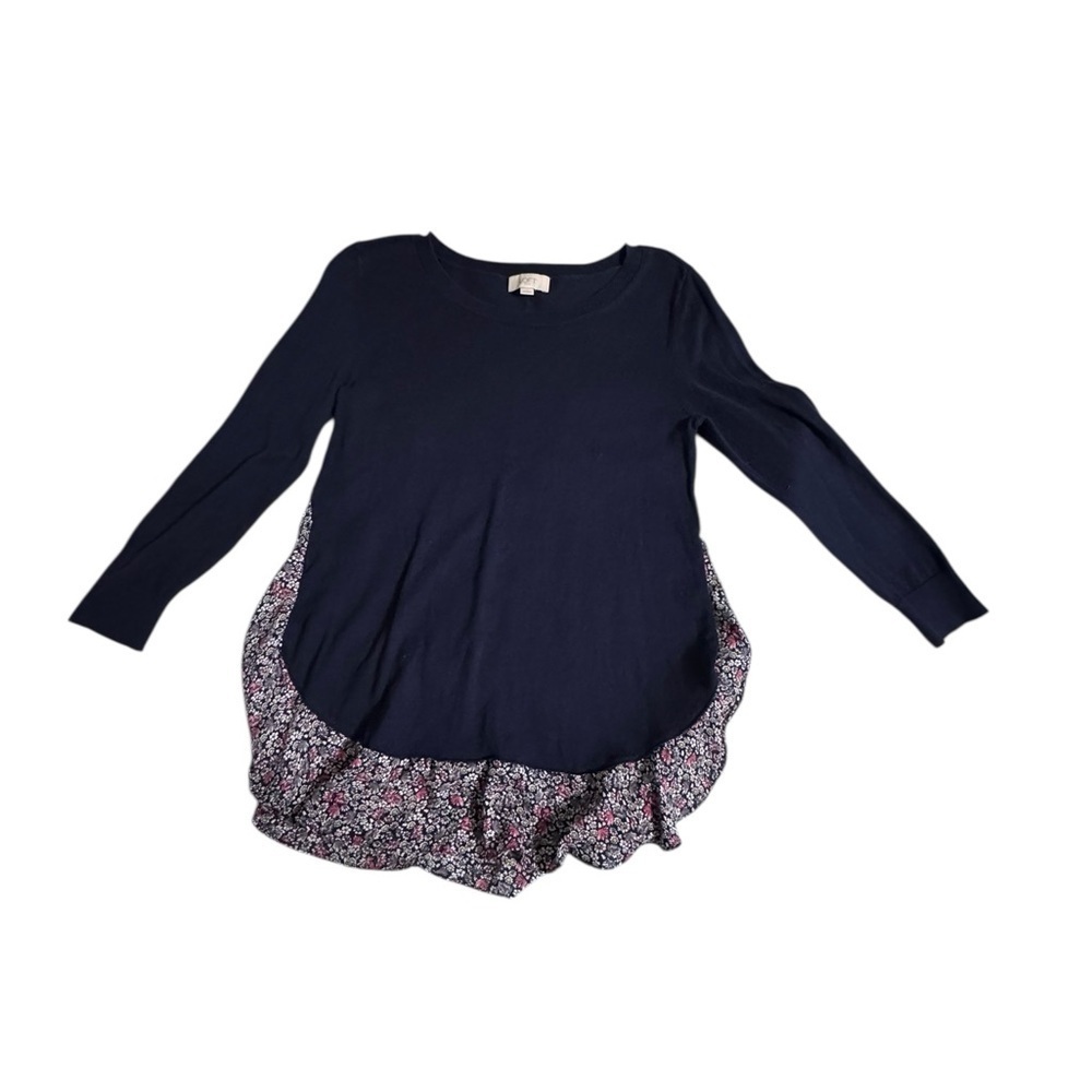 LOFT Navy Blue Long Sleeve Mixed Media Sweater Tunic with Floral Layered Hem xs